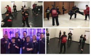 Group martial arts training session with students practicing kicks and punches.