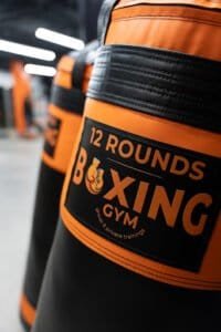 Boxing punching bags at 12 Rounds Boxing Gym for training.