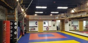 Martial arts training area with mats, punching bags, and mirrors at Metrowest Wellness Center.
