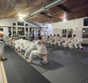 Students practicing Brazilian Jiu-Jitsu techniques in a dojo.