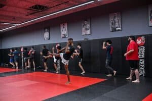 Martial arts students practicing kicks and techniques at Kaizen MMA Vienna gym.