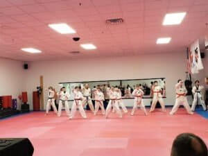 Group of students practicing martial arts in a dojo with red and white belts.
