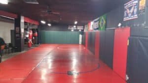 Indoor martial arts training gym with mats and flags.