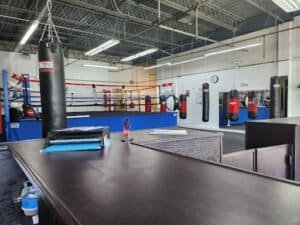 Boxing gym with punching bags, ring, and training equipment.