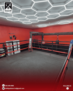 Boxing ring inside Lions Den Boxing & Performance Club LLC.