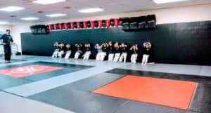 Children practicing martial arts techniques in a dojo setting.
