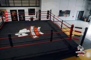Boxing ring at Signature Punch Training Center with branding and safety equipment.