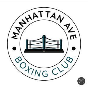 Boxing ring logo for Manhattan Ave Boxing Club with text and ring illustration.