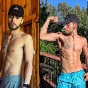 Two shirtless men showing muscular physiques outdoors and indoors.