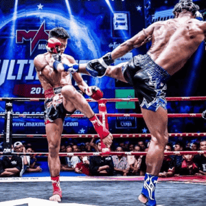 Muay Thai fighters in action during a match at Kingdom Martial Arts Academy.