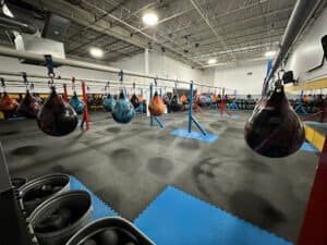 Indoor boxing gym with hanging heavy bags for training and fitness.