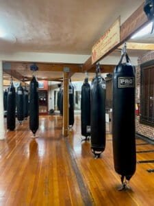 Multiple boxing bags hanging in a gym for training.