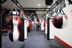 Indoor boxing gym with hanging punching bags for training and fitness.
