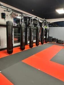 Boxing punching bags in a gym at Guido's Martial Arts Academy.