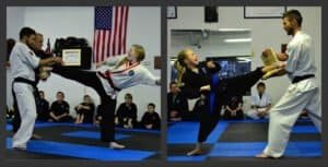 Children practicing martial arts kicks with instructors in a dojo.