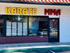 Karate and MMA studio storefront with bold signage in Vacaville.