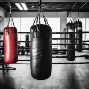 Boxing punching bags in a gym for boxing training and fitness.