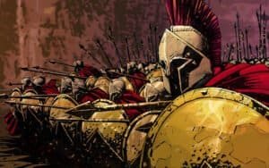Ancient Greek warriors with shields and spears in battle formation.