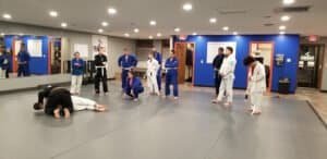 Students practicing Brazilian Jiu-Jitsu techniques in a training session.